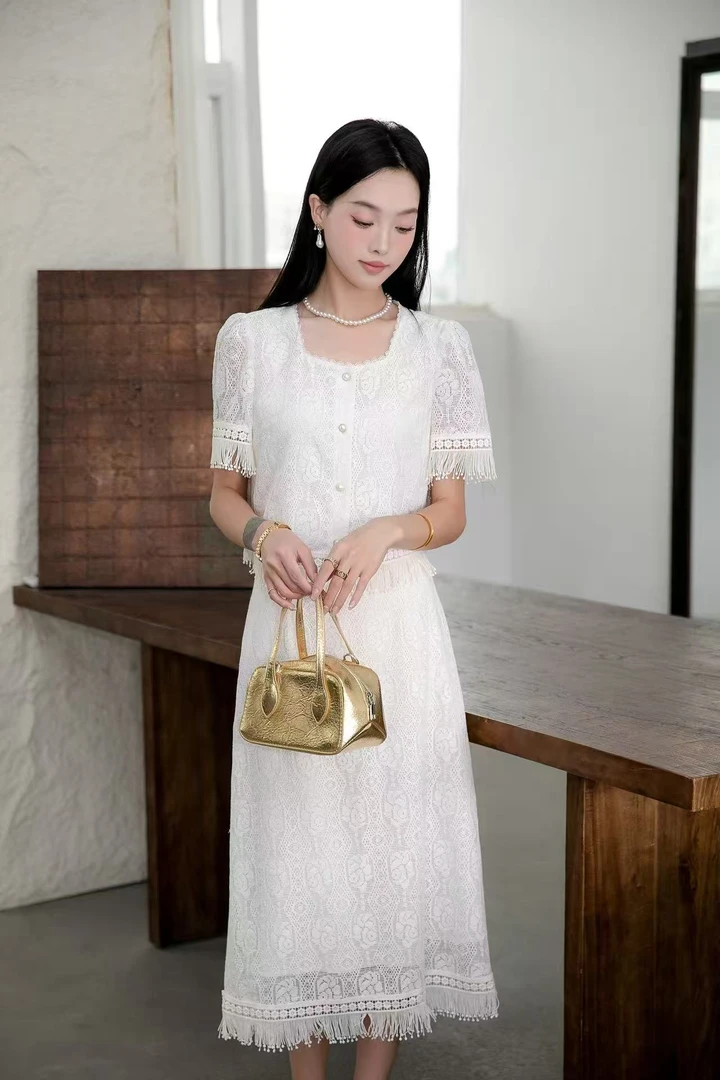 3991小香风套装镂空蕾丝短袖上衣半身长裙两件套夏季女装2025新款