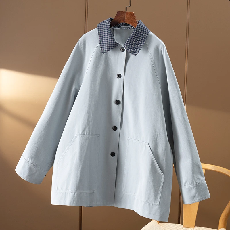 春天家 法柜云水蓝 复古格纹翻领一手长风衣外套女9V75特