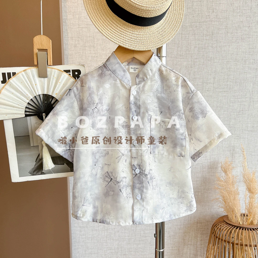 现货啵小爸【江南清夏】2025夏季男童新中式蜻蜓印花衬衫