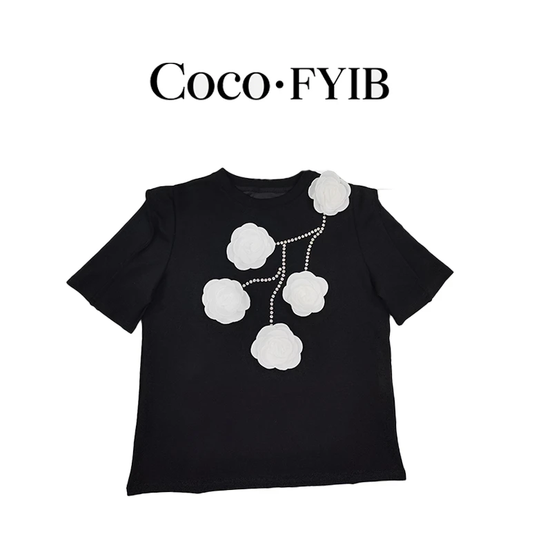 Coco  FYIB静奢风重工夏季镶钻时尚设计师春夏黑色宽松T恤短袖