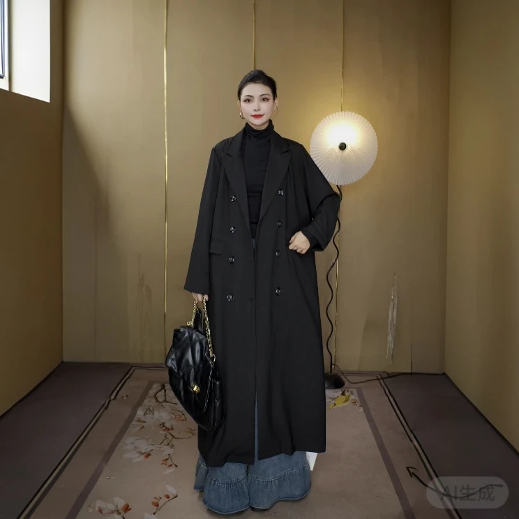 312-黑色单层西装女士长款西装戗驳领风衣外套百搭时尚过膝设计