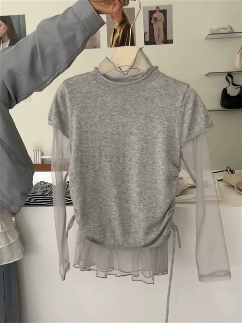 韩系chic复古软糯慵懒风高级感超好看减龄T恤网纱打底叠穿两件套