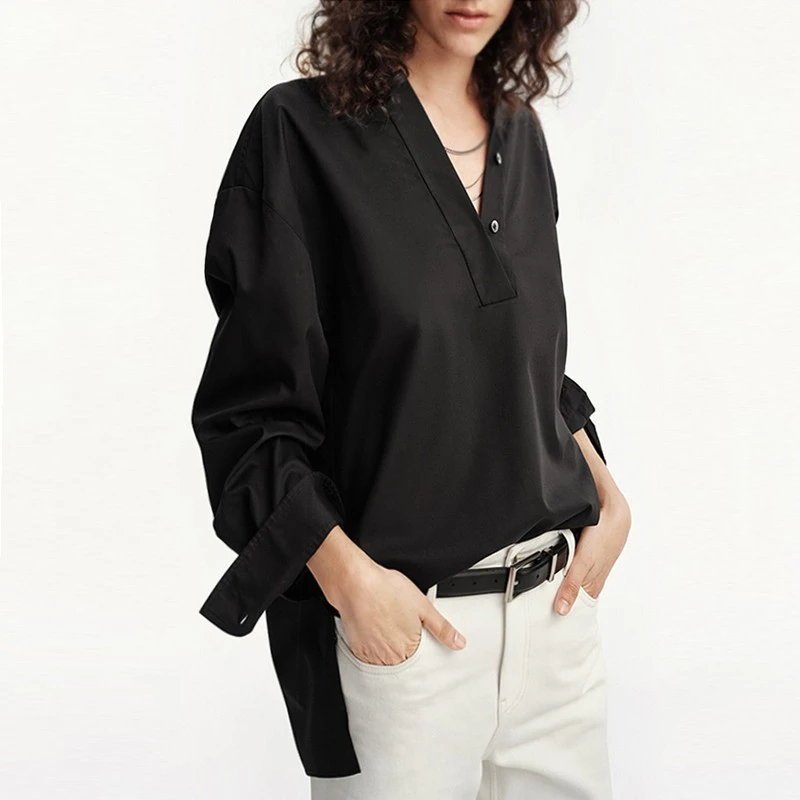 Music eyes音眸 半开V领长袖衬衫女秋季宽松垂感抗皱前短后长衬衣