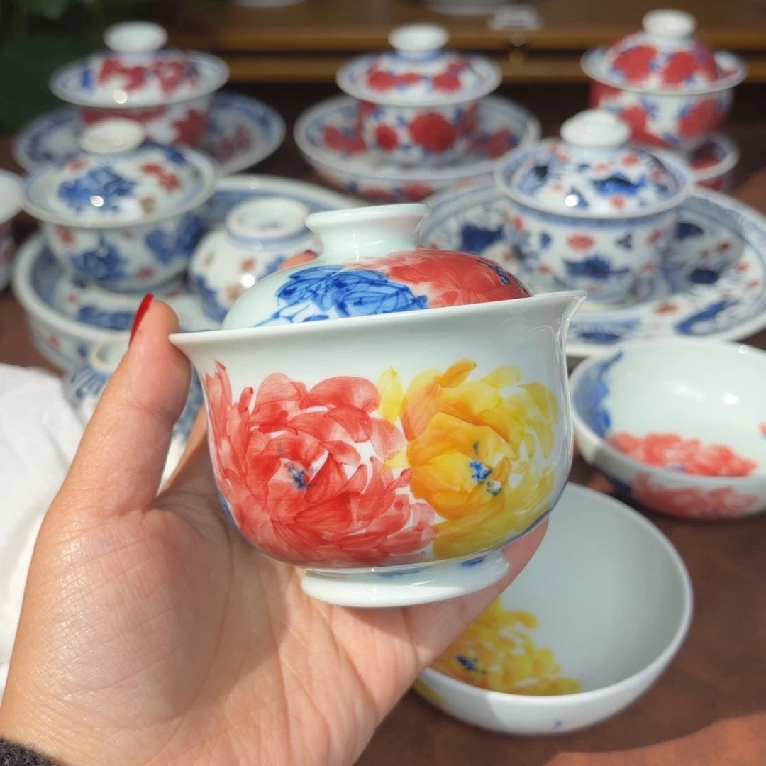 ?***素青花手绘釉下五彩牡丹盖碗