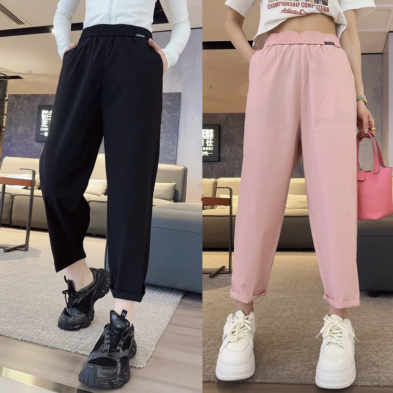 130-夏季薄款九分哈伦休闲裤女装加大码新款高腰显瘦直筒彩色速