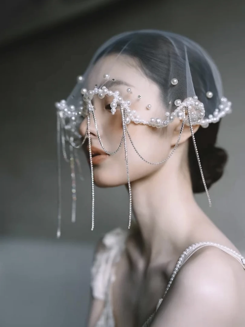 沁心｜重工手作款 “复古珍珠纱”盖头纱