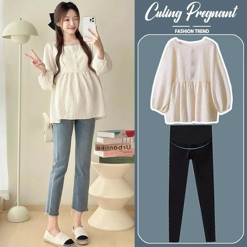 孕妇春装套装两件套法式方领长袖娃娃衫上衣小香风2025新款小个子
