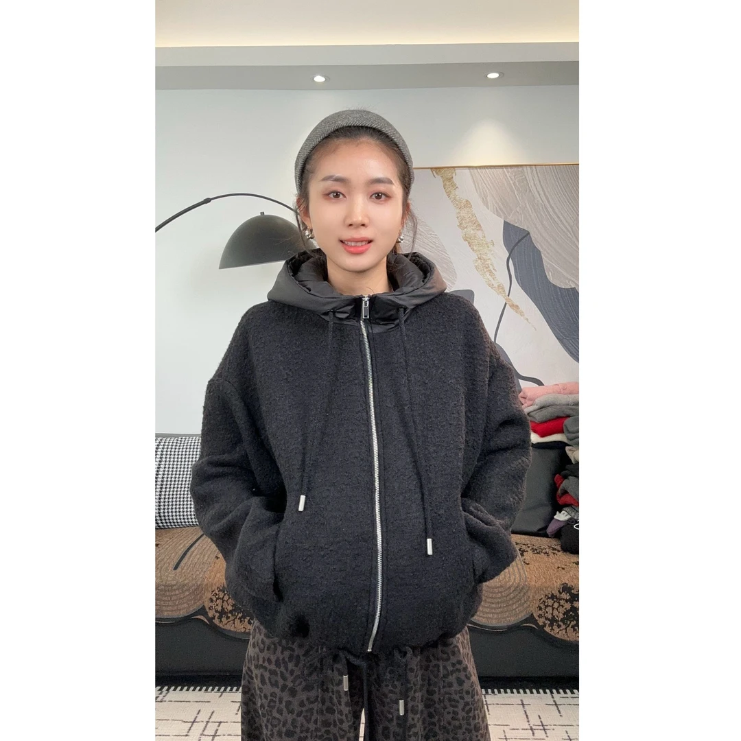极简百搭圈圈羊毛拼接连帽外套