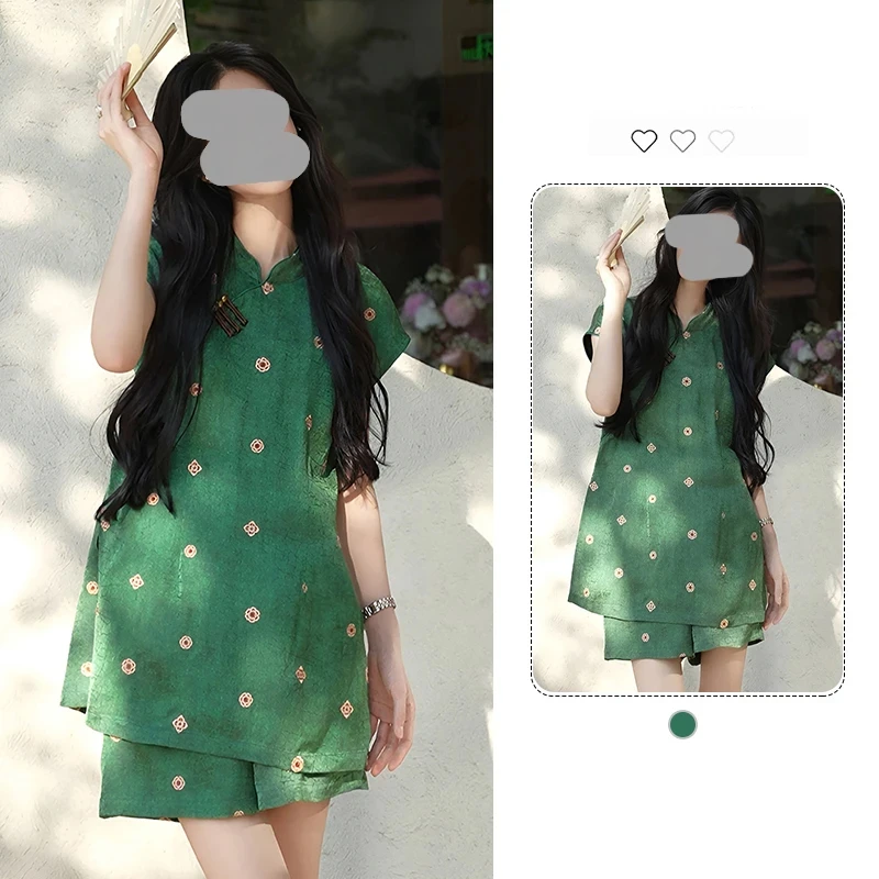 复古新中式轻国风绿色提花立领短袖t恤阔腿短裤两件套女2025夏季