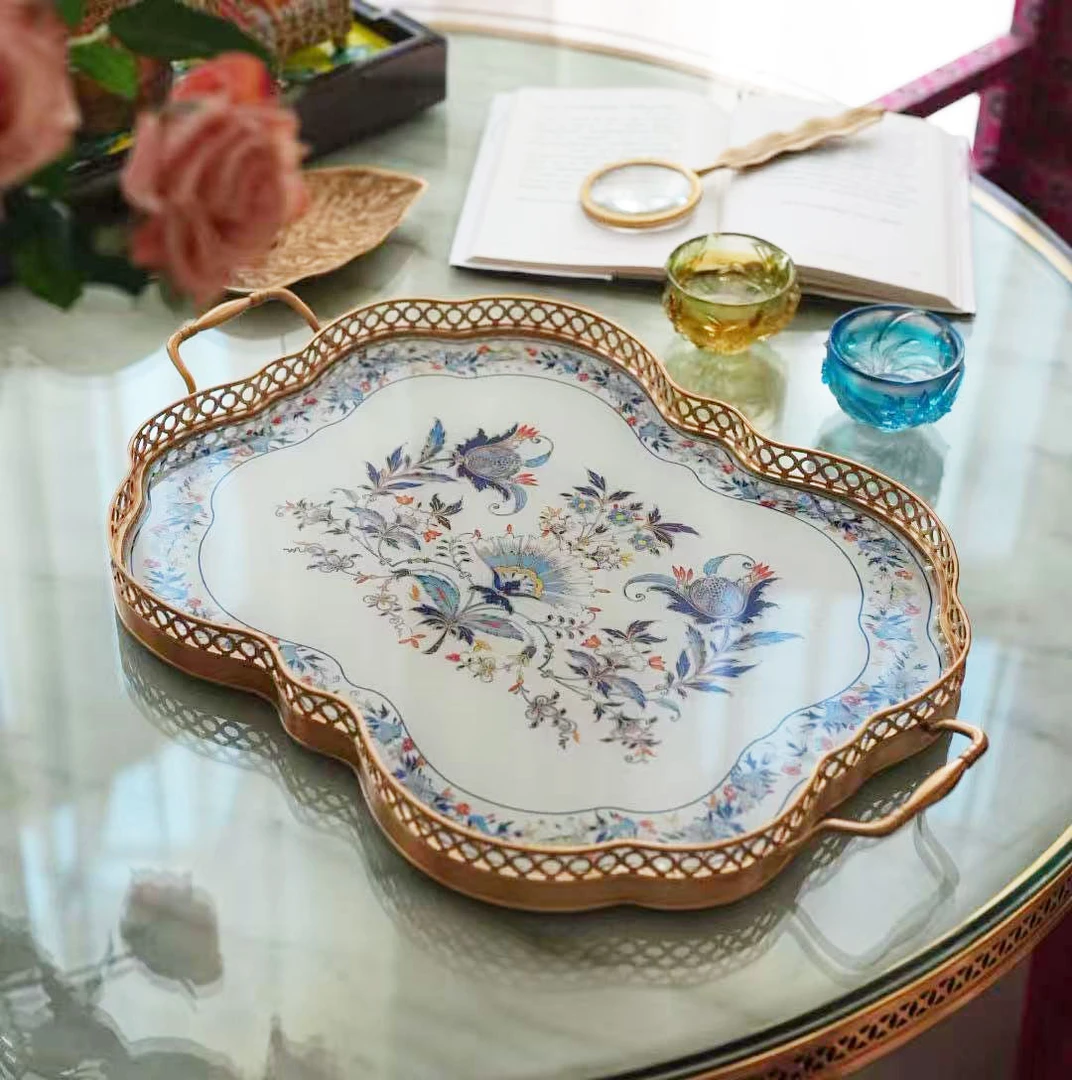 【奇居铜瓷】黄铜双把手复古欧式托盘 镂空海棠边花边茶水托盘#GY