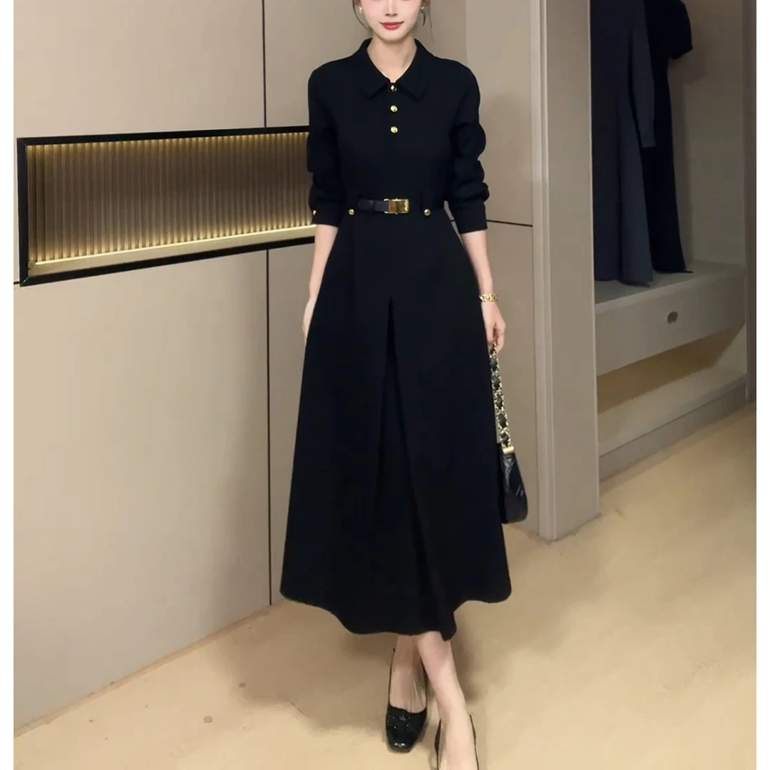 秋季新款复古高级感黑色收腰显瘦连衣裙时尚气质中长款A字裙子女