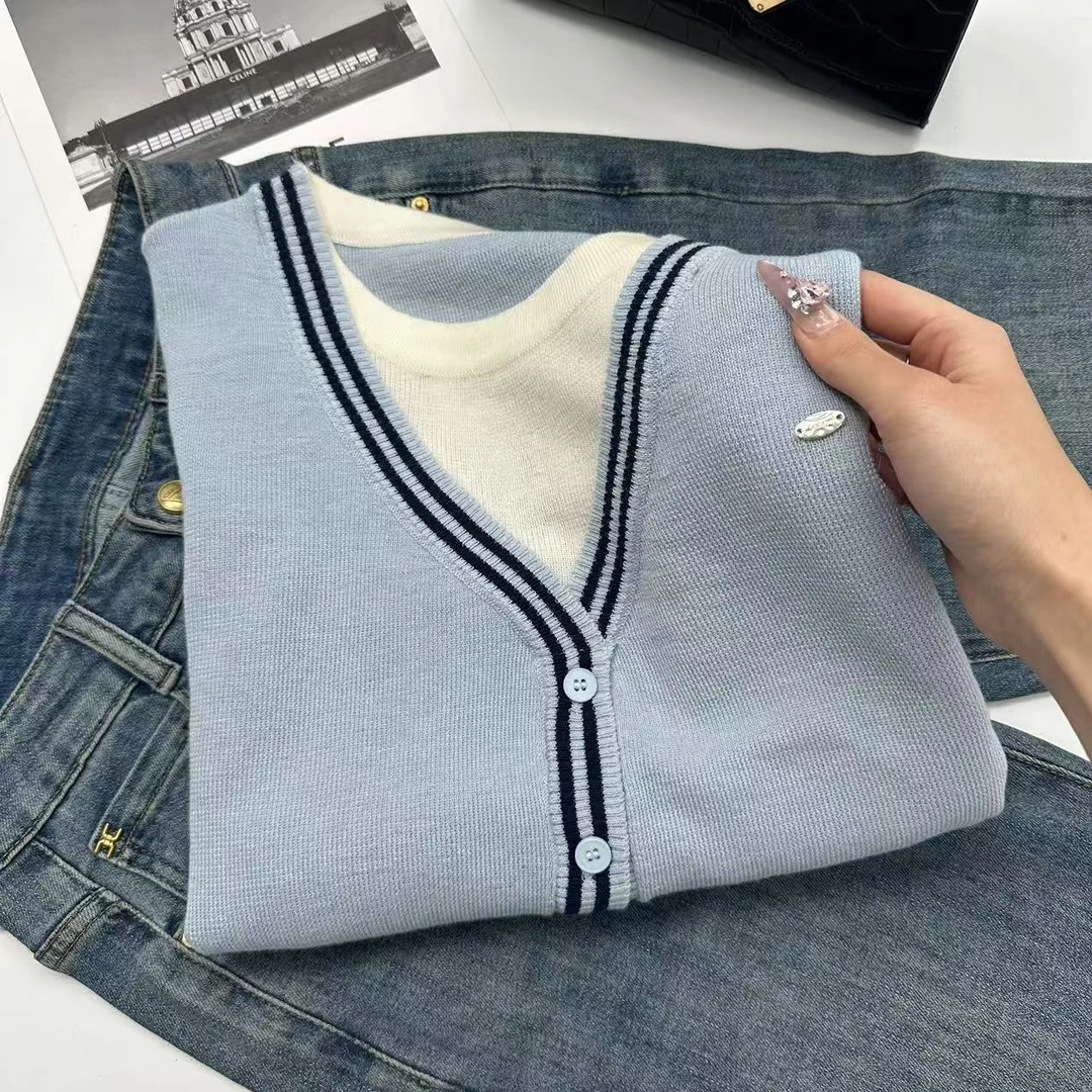 气质假两件首选！韩单经典双边显瘦纽扣针织假开衫Y6195蓝