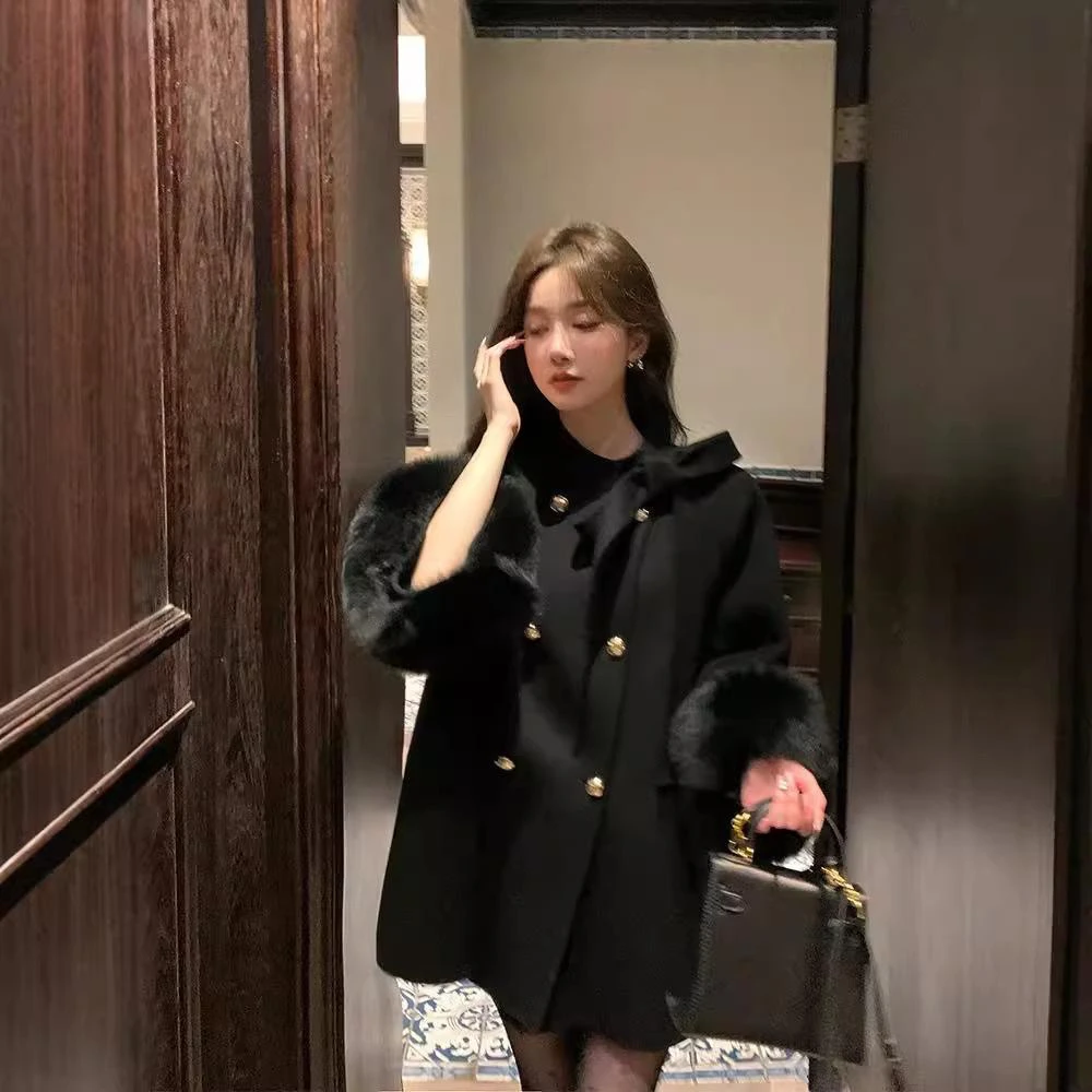 温莎千金蝴蝶结24冬新款双面羊毛大衣女斗篷狐狸毛羊毛呢外套洋气