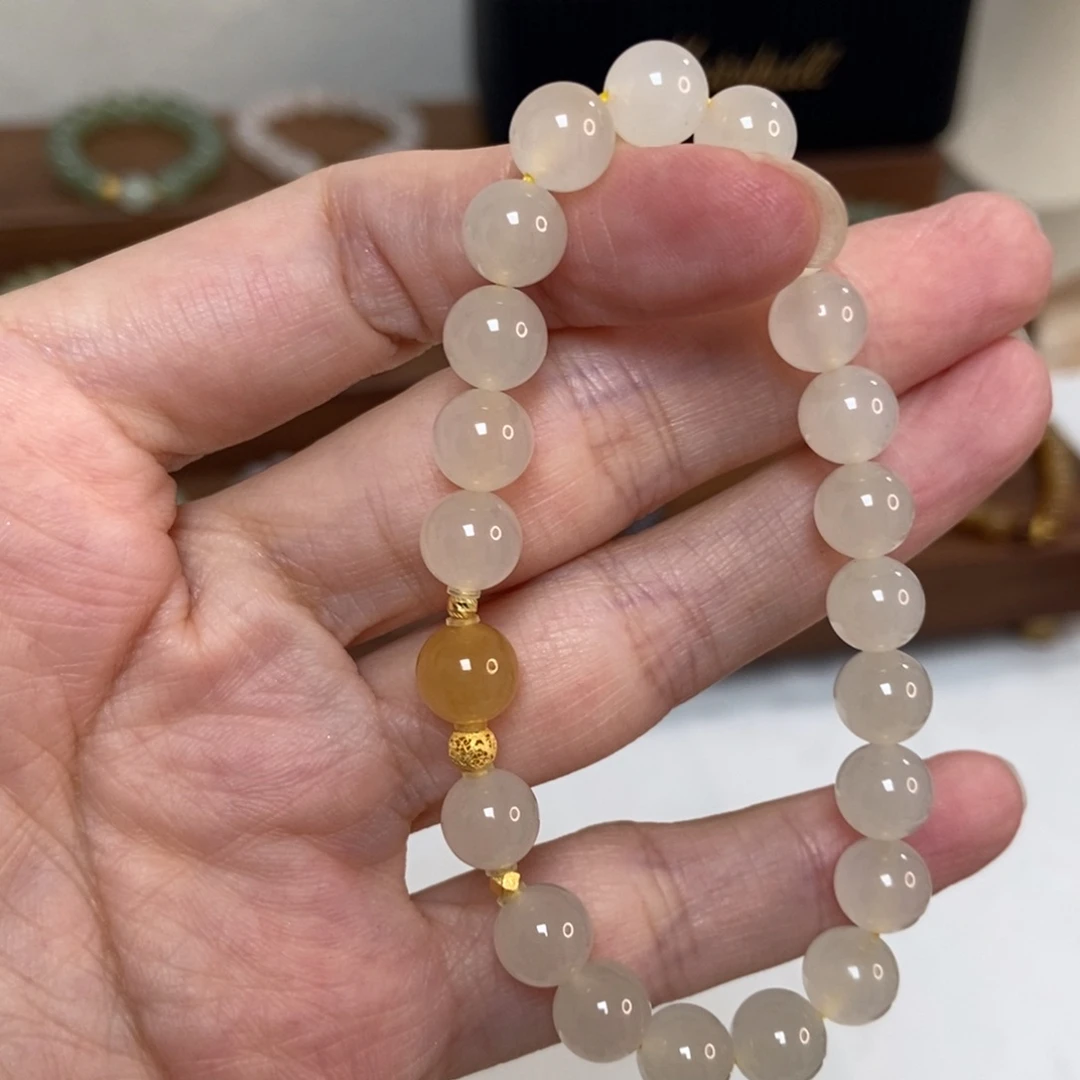 手链18K金镶嵌和田玉蜂蜜水8mm高冰底