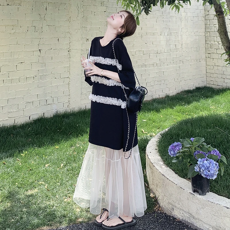 五一穿搭一整套黑色套装裙女今年流行黑色T恤裙网纱半身裙两件套