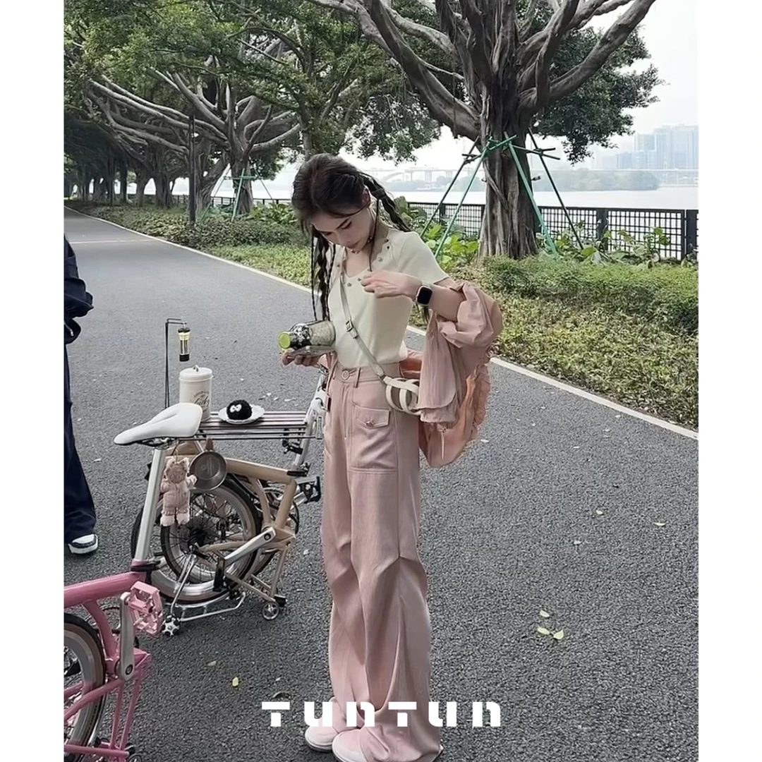 吞吞TUNT【追风少女】活力四射 粉色微喇后腰松紧工装裤