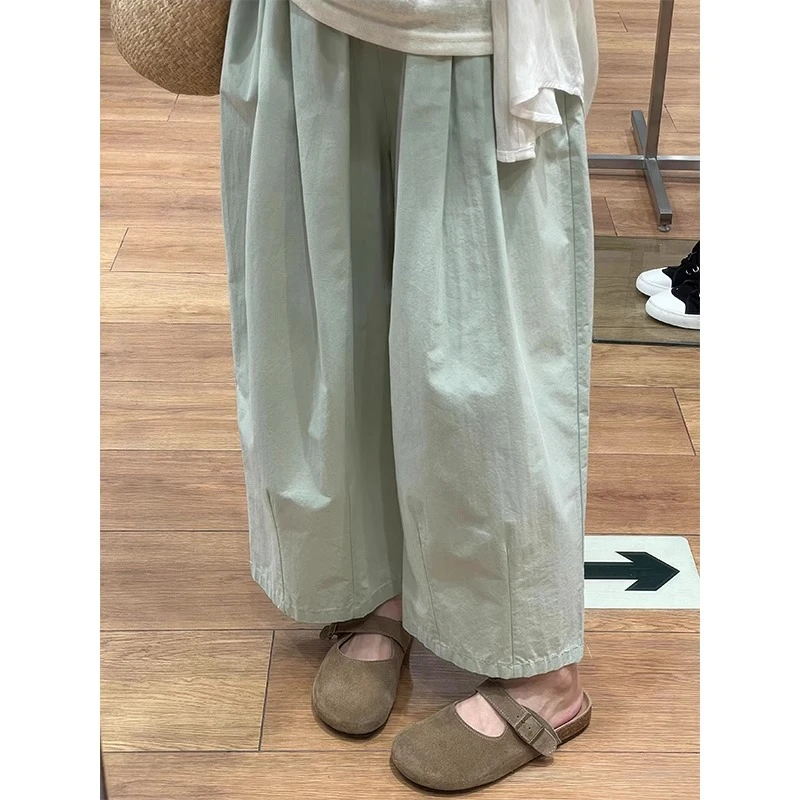 胖mm夏日清凉遛弯裤小个子女生薄荷绿裤子大码阔腿显瘦日系奶奶裤
