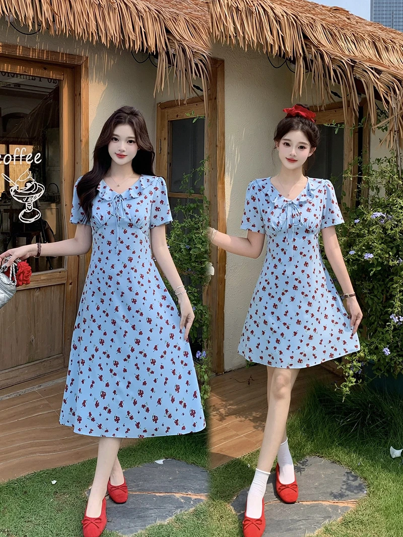 2025夏装新款胖mm大码女优雅v领荷叶边碎花长短款连衣裙