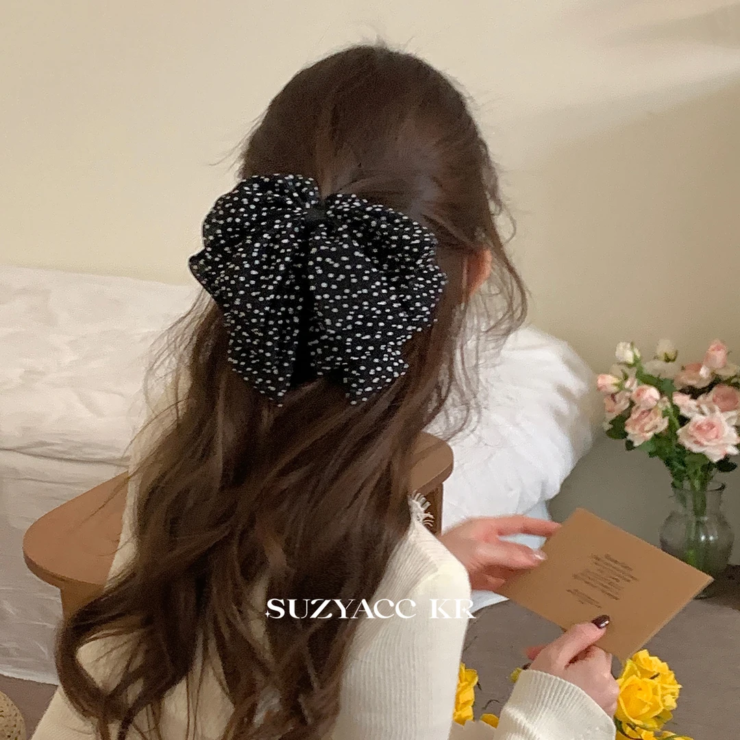 Suzyacc Kr氛围感波点雪纺蝴蝶结发夹女气质后脑勺盘发抓夹F3932