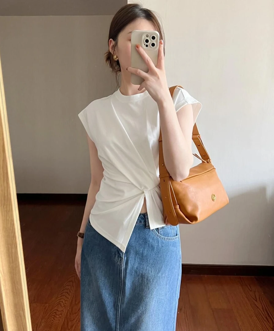 韩系不规则小飞袖短袖t恤女夏季掐腰设计感上衣小众独特别致