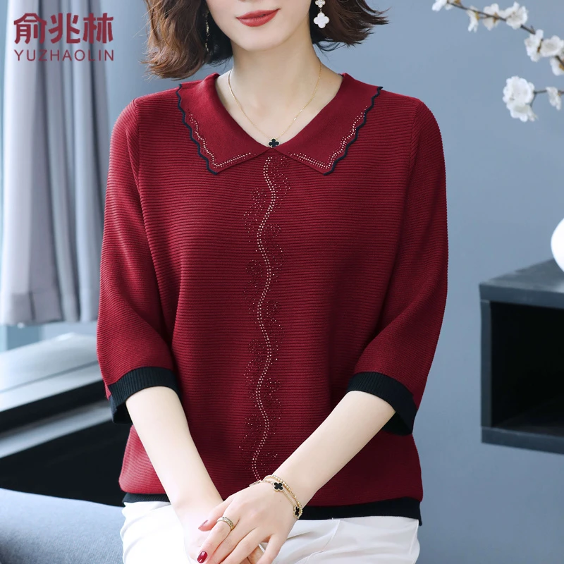 俞兆林妈妈春夏冰丝针织衫薄款七分袖T恤中老年加肥加大码女装遮