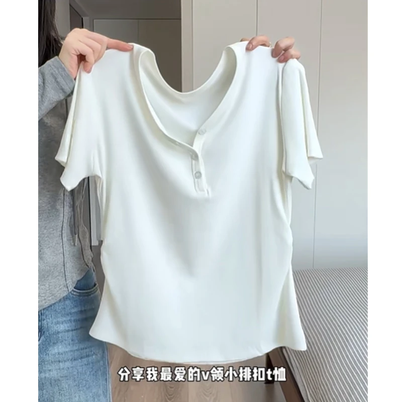 大码胖mm200斤简约韩系V领排扣辣妹正肩短袖t恤女遮肉显瘦上衣ins