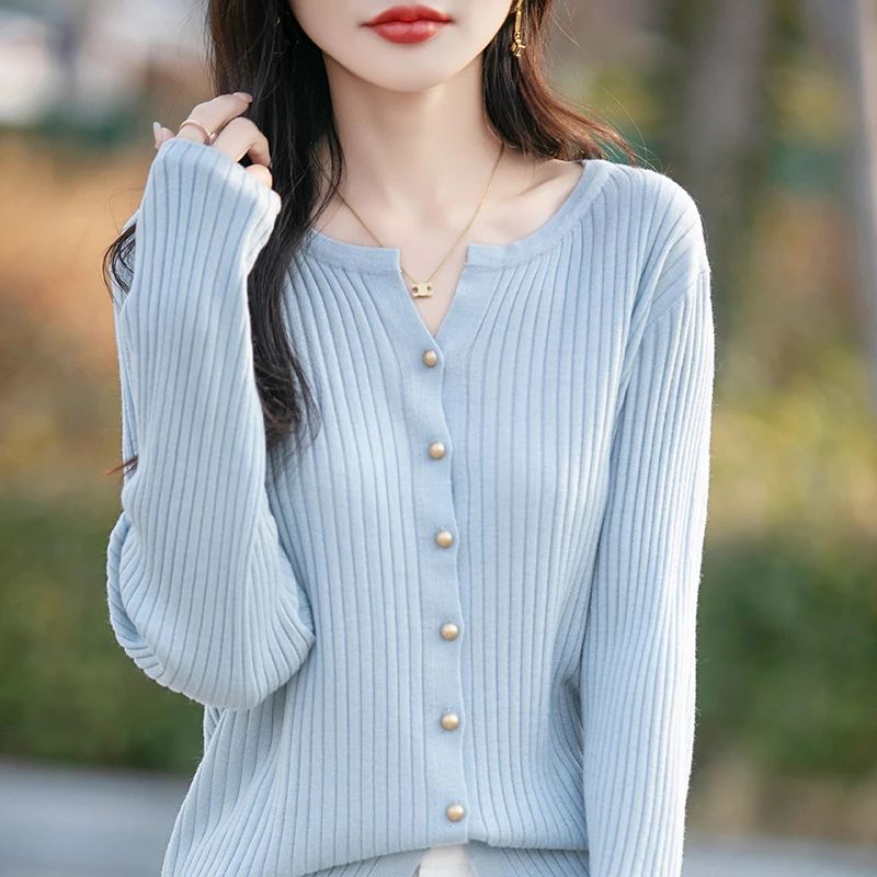 【崔万志工厂】精纺羊毛金豆坑条针织开衫春秋长袖薄款显瘦圆领打底