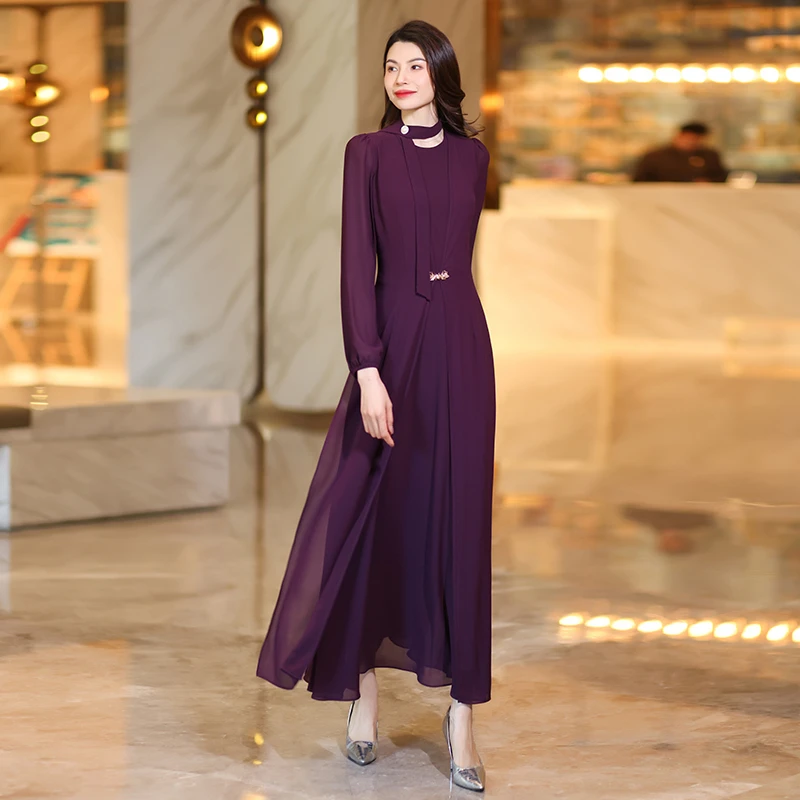 紫色连衣裙女2025夏季新款修身显瘦气质大摆长裙优雅端庄时尚裙子