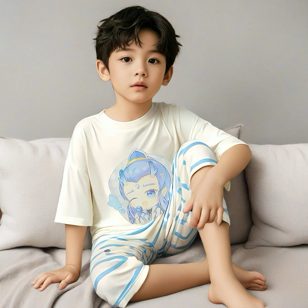 儿童凉感睡衣套装男孩莫代尔夏季薄款七分袖空调服套装男童家居服