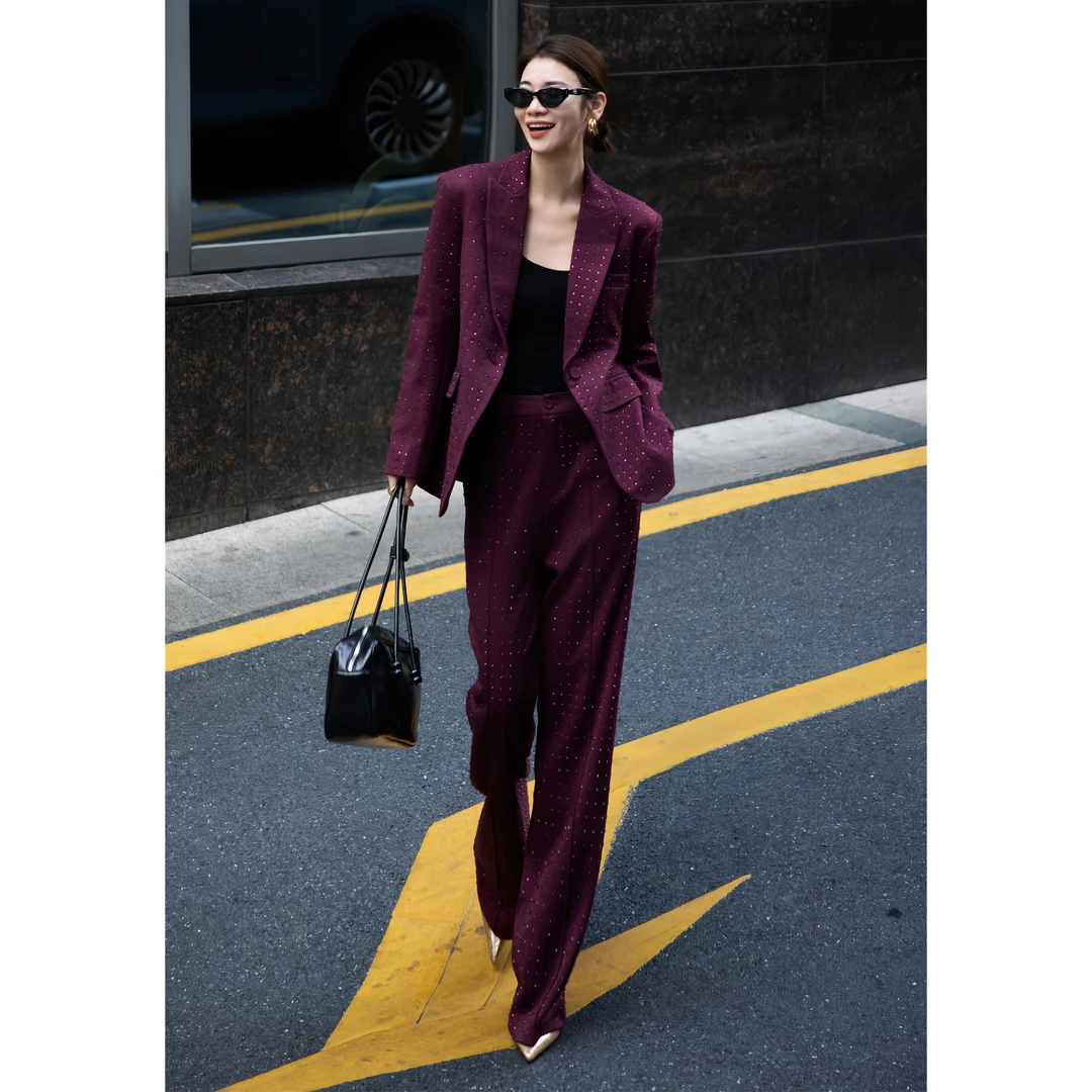 ZEROYK设计师款原创高定紫棕色重工烫钻气质显瘦西服长裤两件套