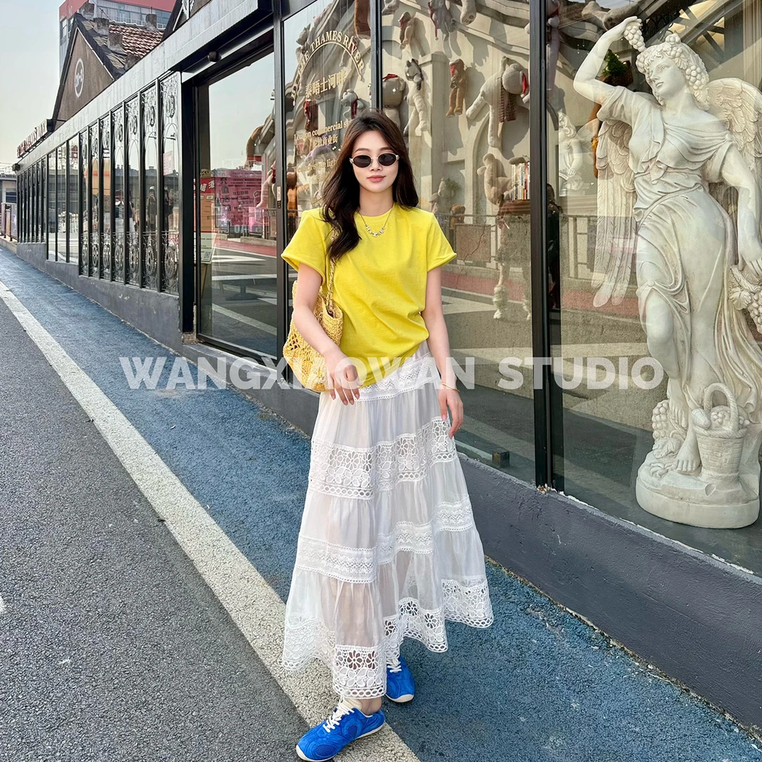 蕾丝镂空天丝拼接半身裙女2025早秋新款休闲百搭a字长裙仙女裙