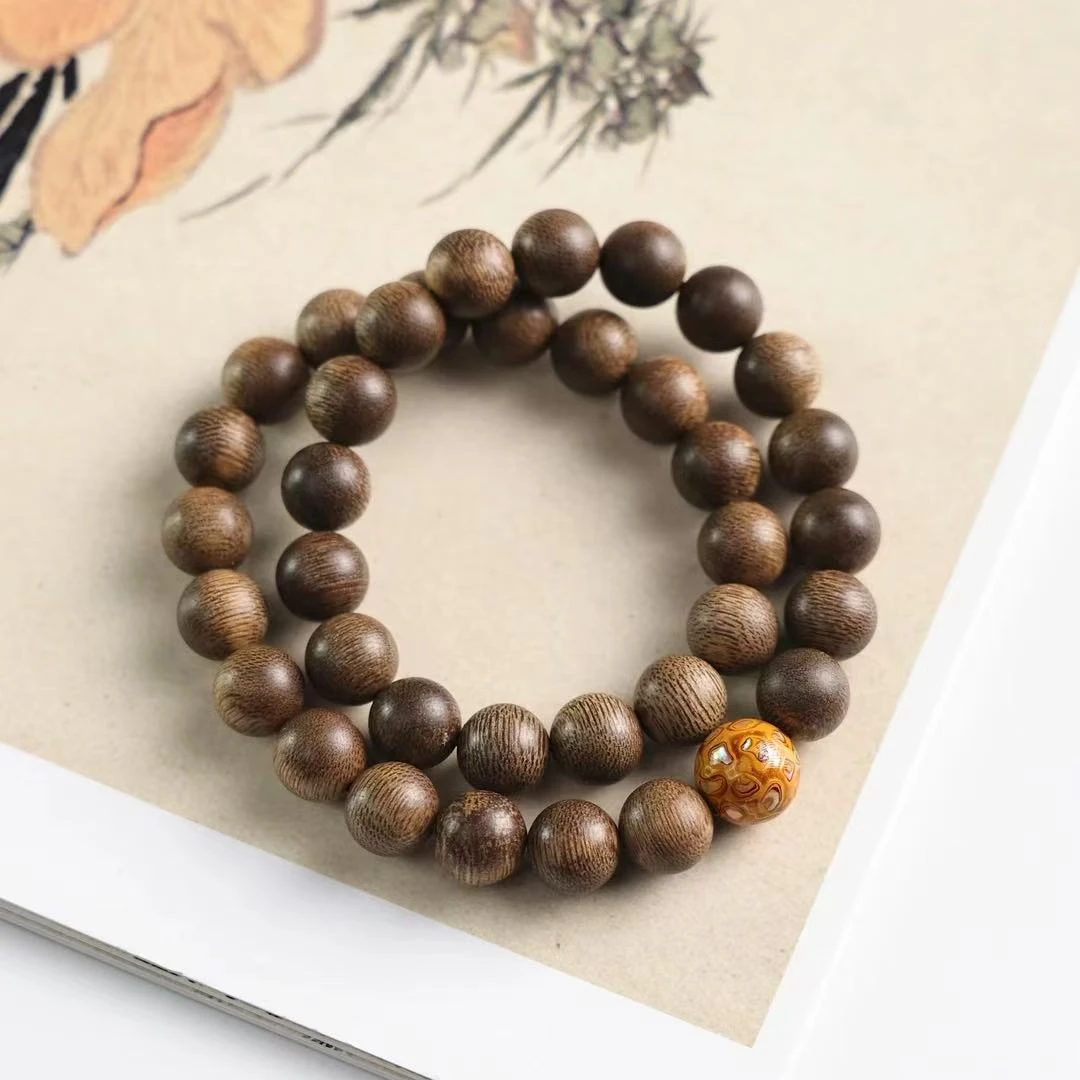 沉香L088越南芽庄玉化老料白奇楠1.0双圈手串配大漆珠款