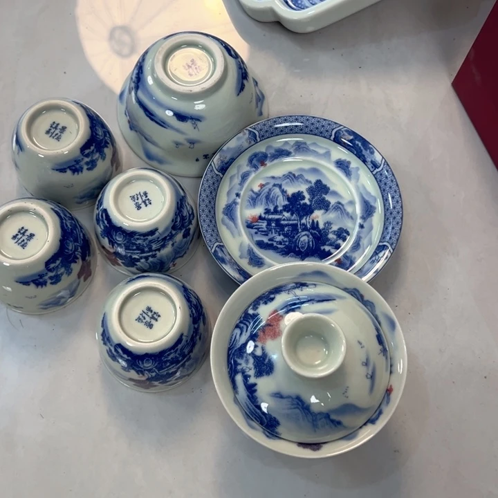 瓷片白青花富春山居图套装