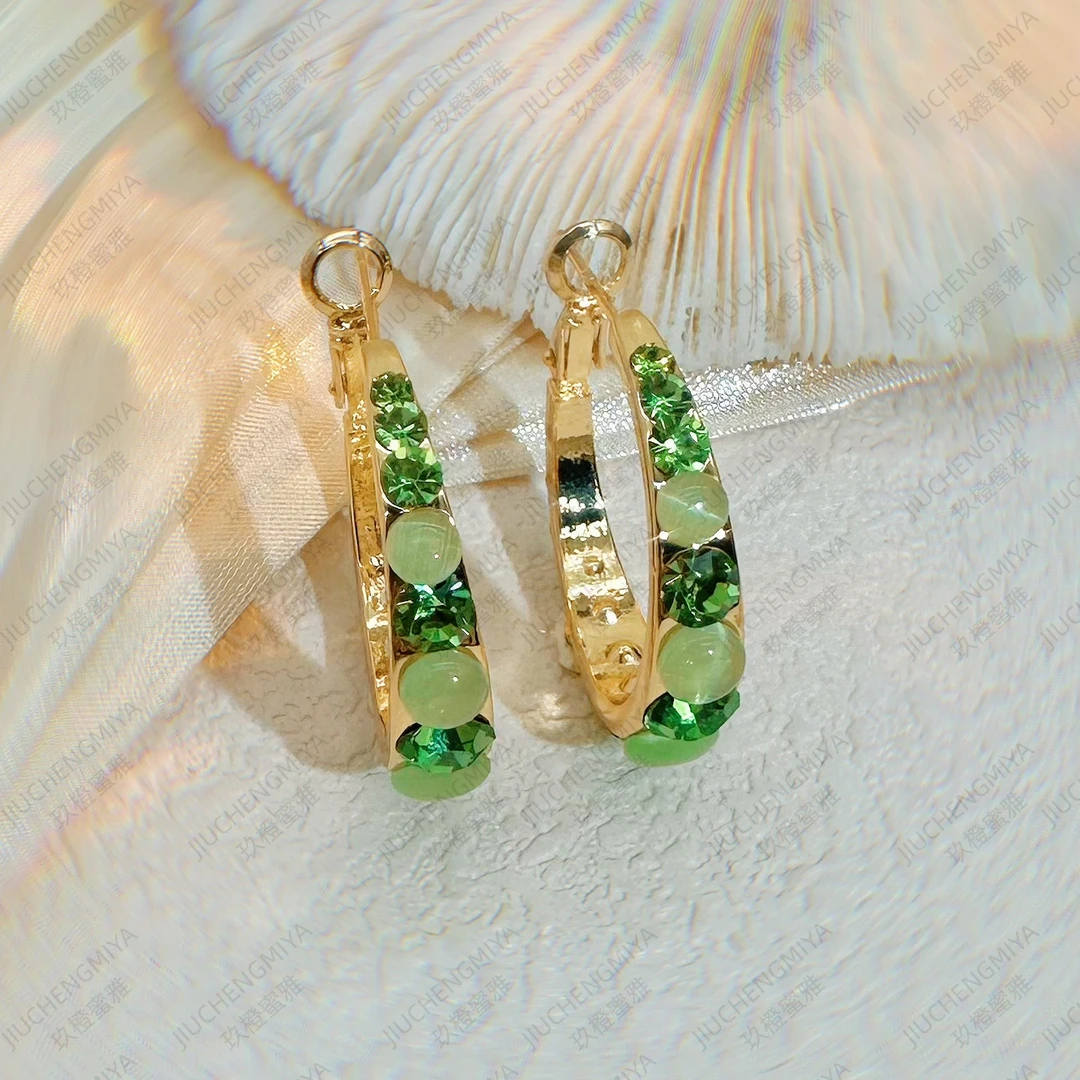 铜合金合成锆石耳饰 春绿KL624绿色圈小众高级感美拉德欧若风耳环