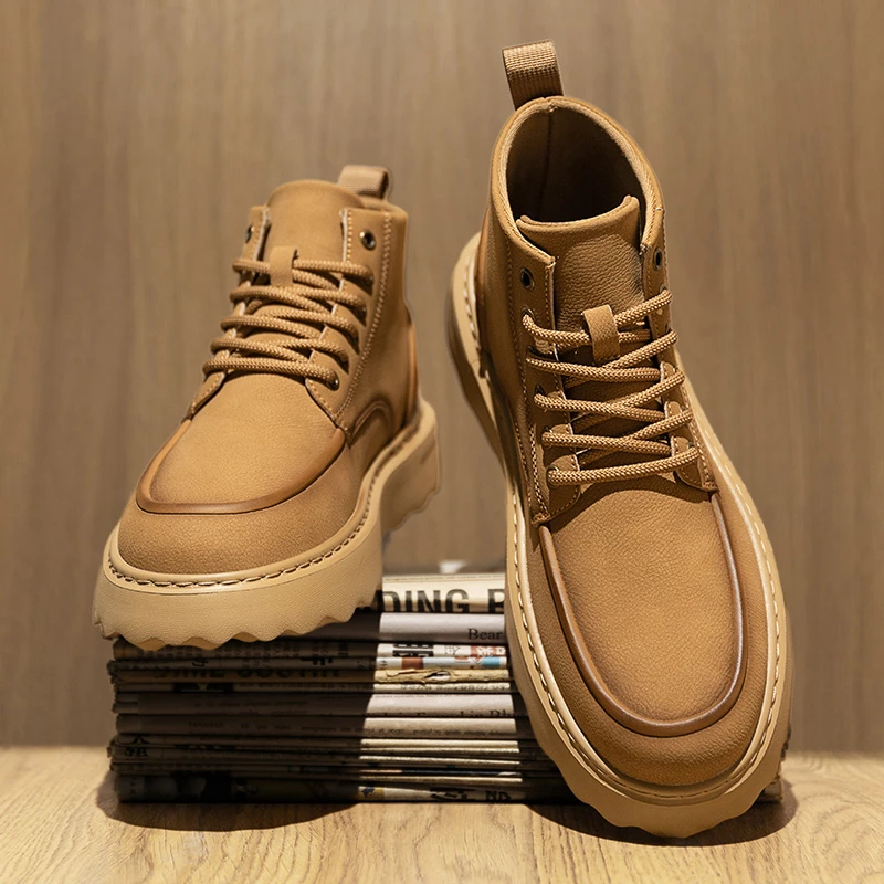 秋冬季男鞋马丁靴男款厚底工装靴子潮流高帮男士英伦风休闲皮鞋