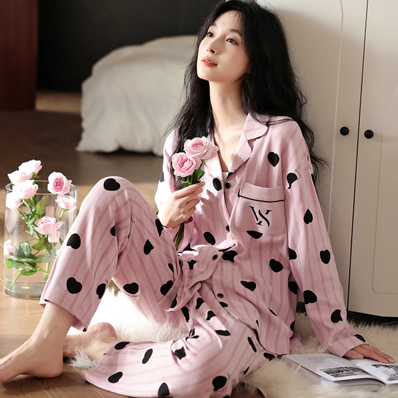 【VS竖条桃心-春秋带胸垫月子服】孕妇哺乳睡衣产妇喂奶家居服套装