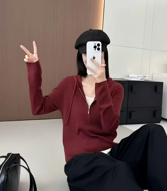 2025秋季新款假两件半拉链针织连帽