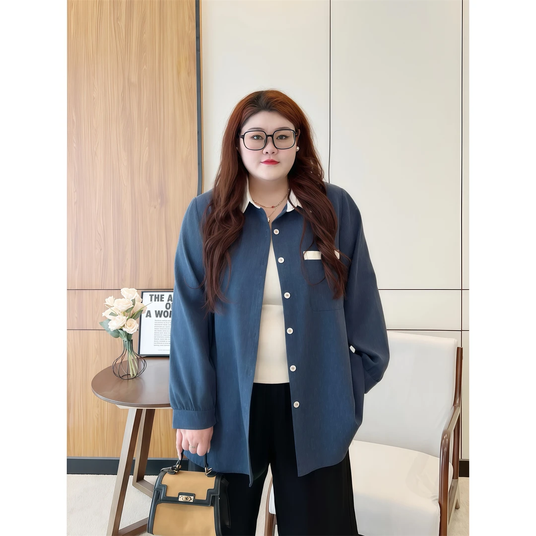 大码女装夏季简约百搭显瘦花契200斤胖mm清爽亚麻仿牛仔衬衫18144