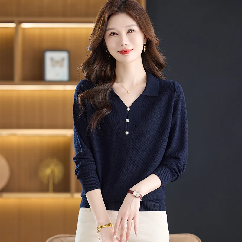 POLO翻领品牌早秋新款大码薄款上衣长袖针织衫女装纯色百搭打底衫