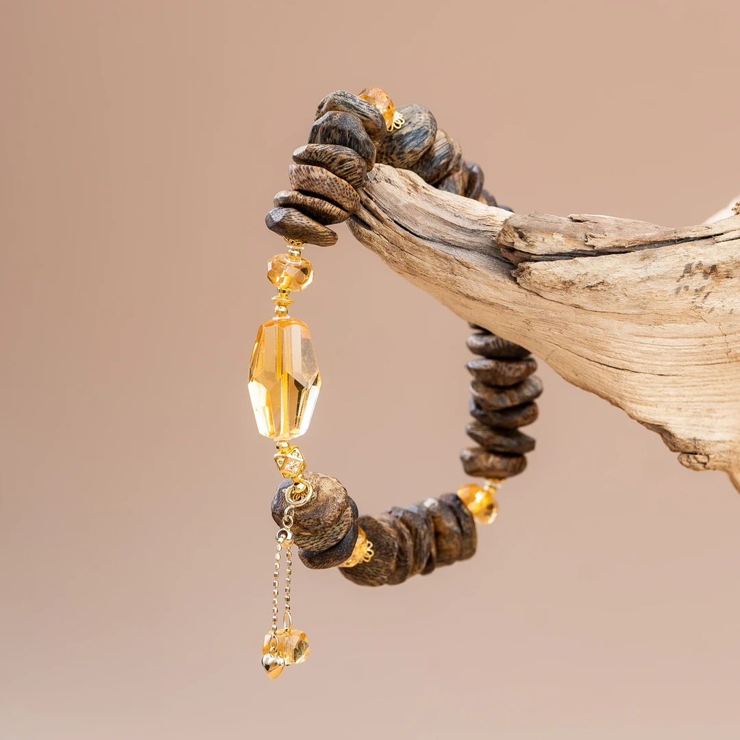 沉香【18K】莺歌绿棋楠随形壳沉香暴力黄水晶单圈手串轻奢国潮