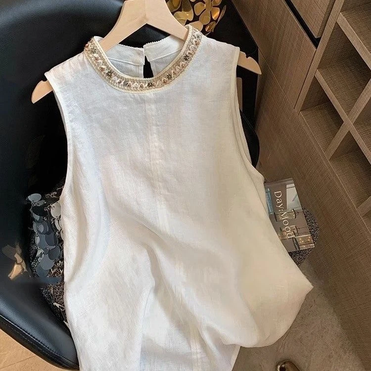 民族风编织钉珠亚麻无袖背心女夏季小众设计感宽松百搭上衣显瘦