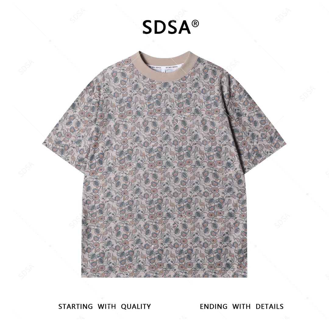 SDSA夏季新款男士痞帅设计师植物花卉圆领短袖T恤百搭时尚上衣