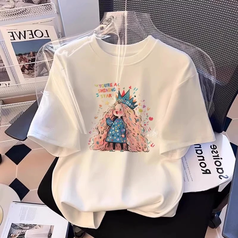 新款女夏宽松纯棉短袖T恤创意印花显瘦设计感白色上衣2025潮流休