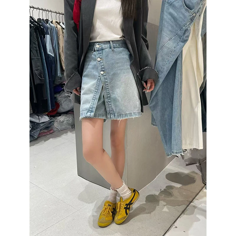 ICC 设计感复古高腰假两件水洗分割牛仔裙裤短裤女十三行600526