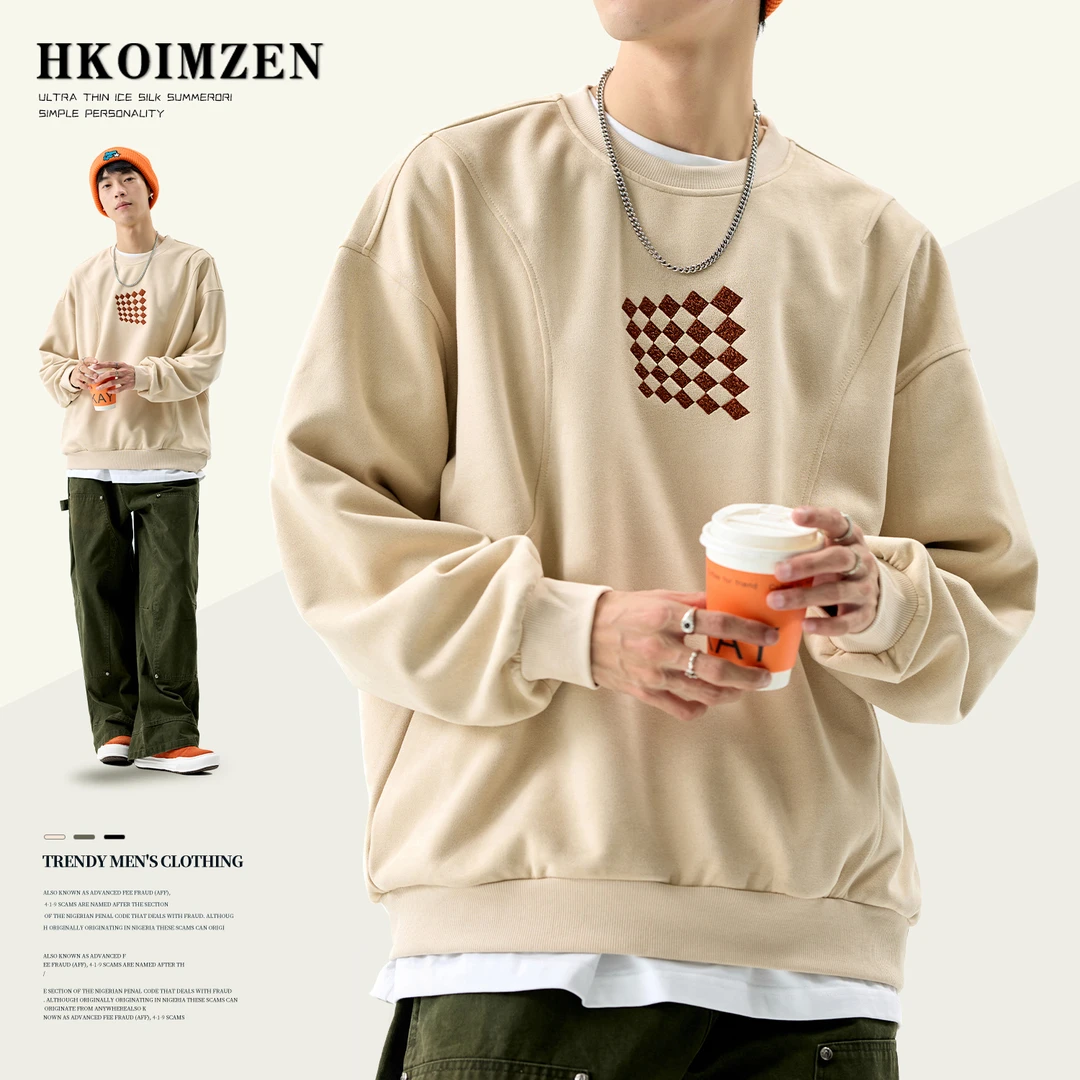 男生卫衣春秋款美式方块刺绣拼接长袖t潮牌小众情侣圆领内搭上衣