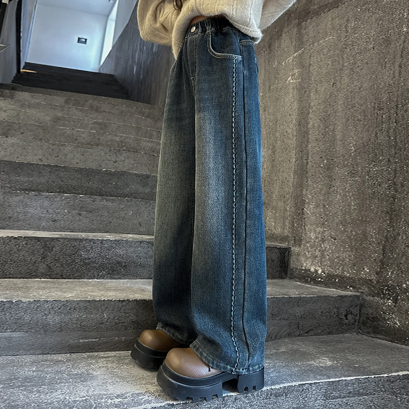 女童牛仔裤春秋款2025新款儿童直筒裤子女孩中大童加绒牛仔阔腿裤