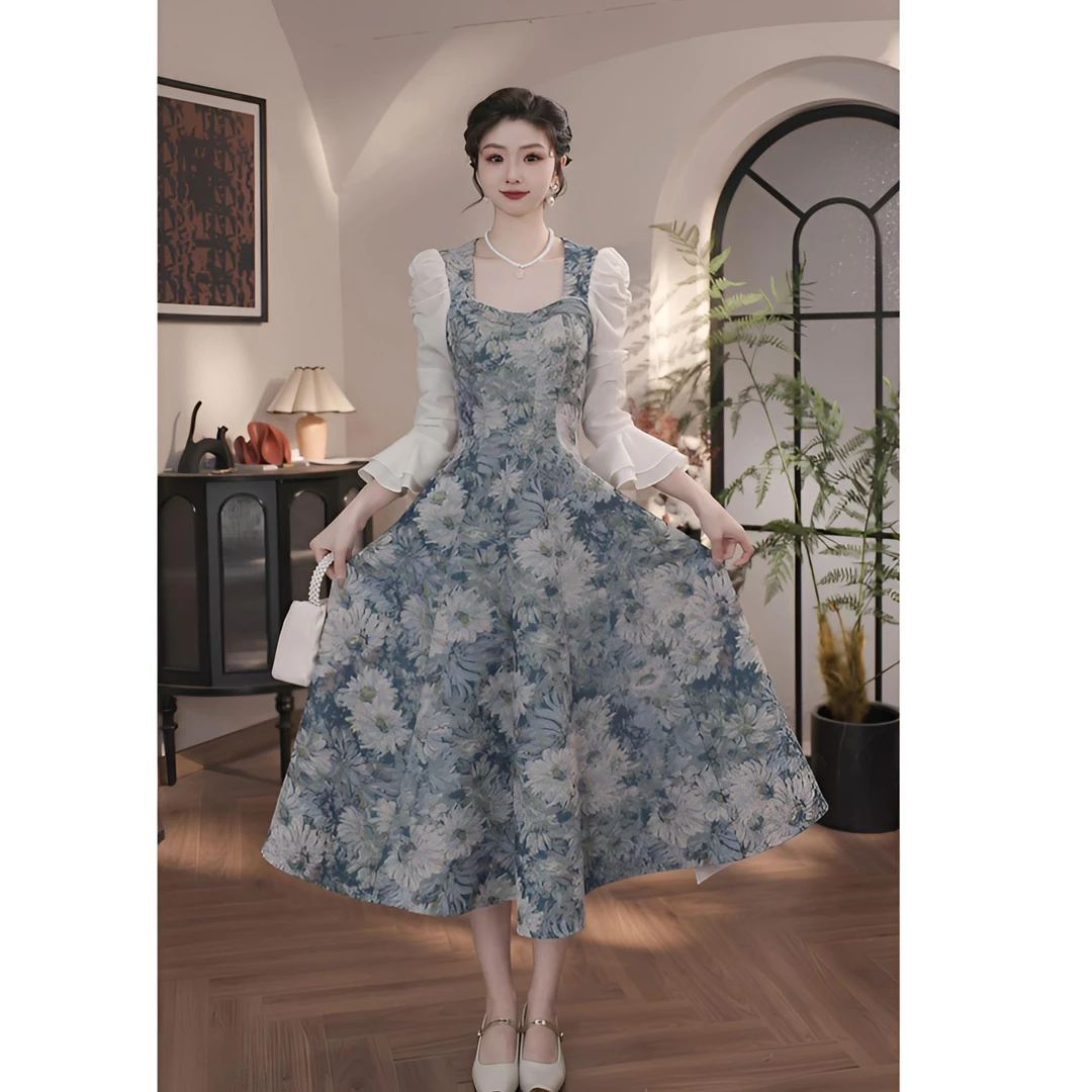 【薇宝儿-婷婷】-春季新款法式气质优雅长裙女高级感油画长袖连衣裙