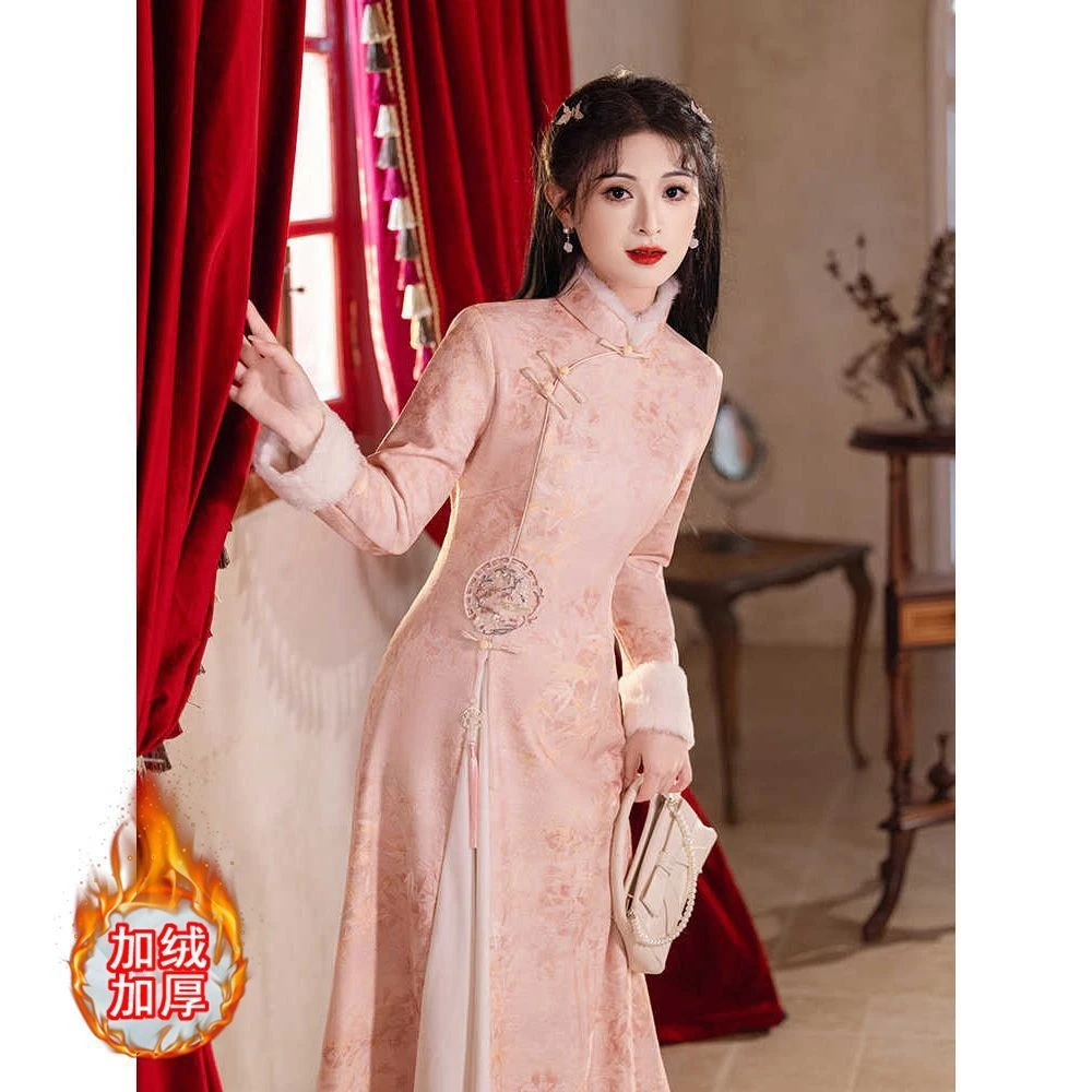 粉色旗袍冬季加绒改良女新中式奥黛茶服过年新年战袍拜年服连衣裙