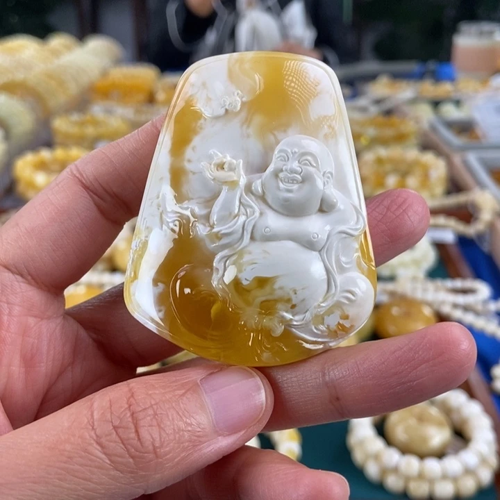 琥珀未镶嵌珠宝奇石34.19金瓷白笑佛吊坠