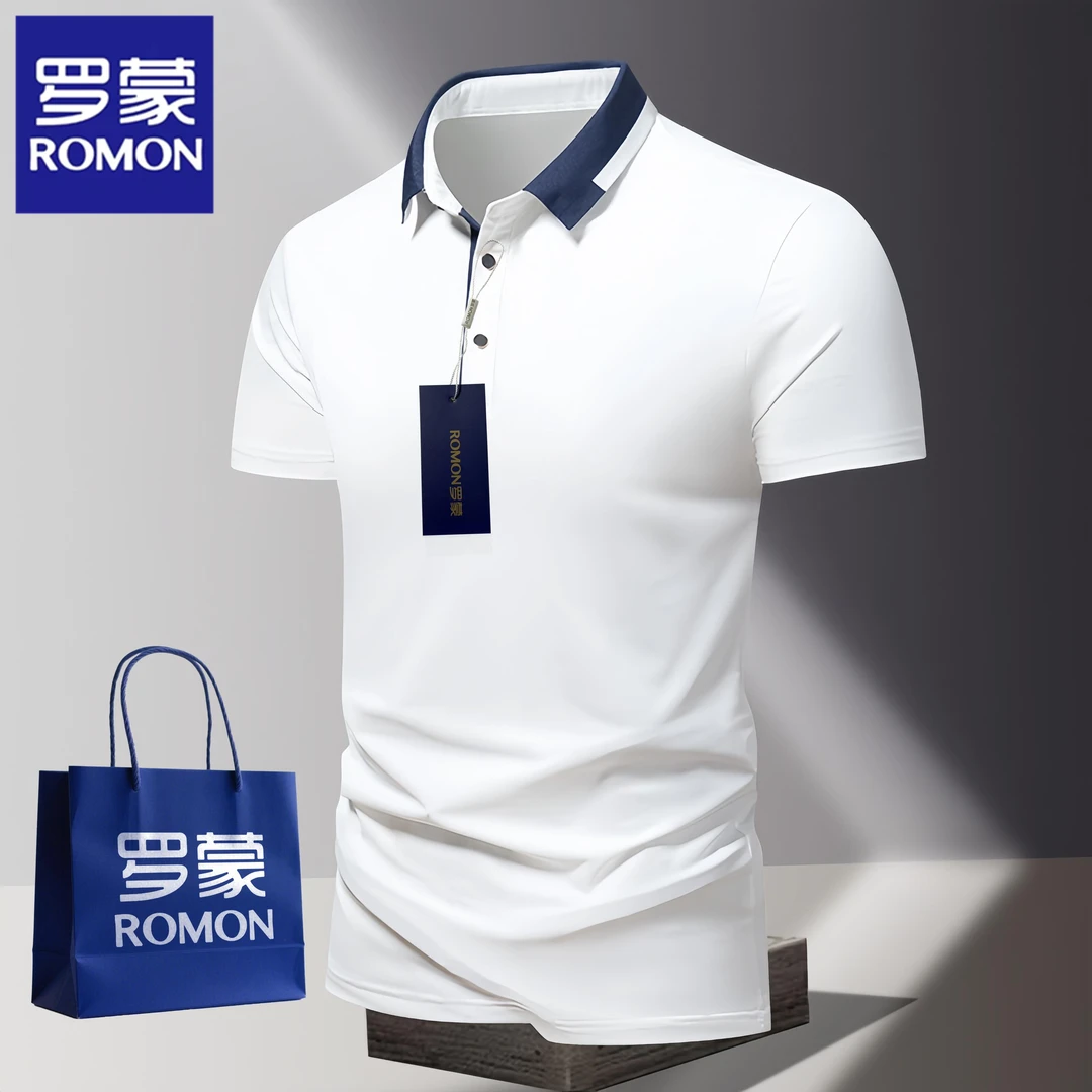 Romon/罗蒙夏季高端冰丝无痕Polo衫男士新款轻奢翻领休闲短袖t恤